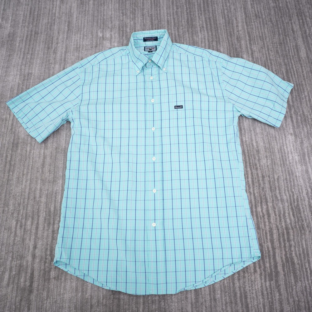 Faconnable Button Down Shirt Men M Turquoise Plaid Excellent Short Sleeve Cotton